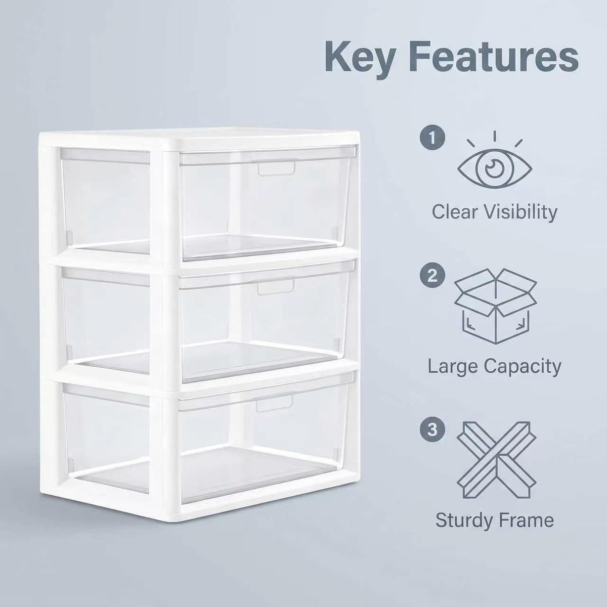 White 3 Drawer Plastic Storage Tower with Clear Bins M678