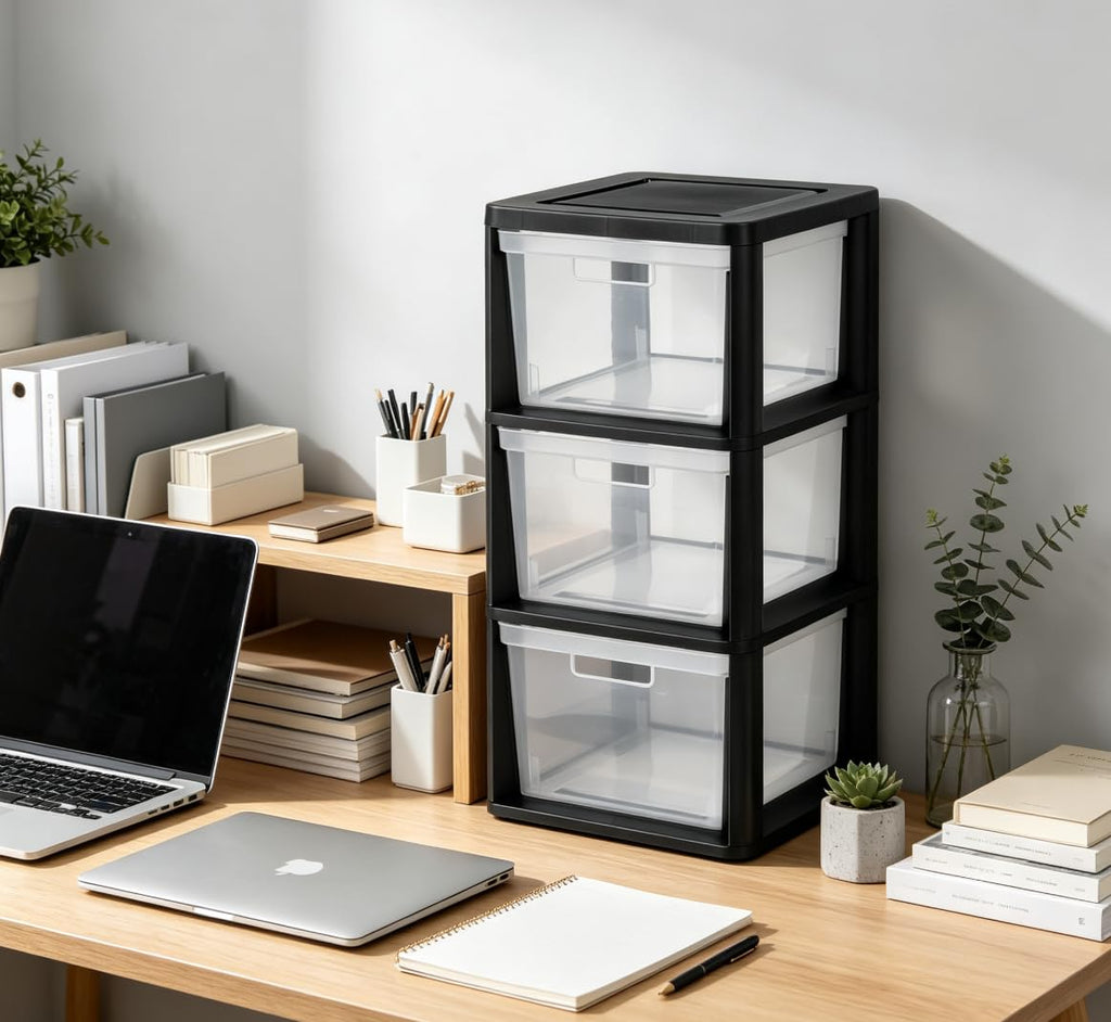 Black 3 Drawer Plastic Storage Tower with Clear Bins L28150