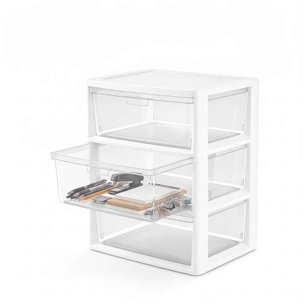 White 3 Drawer Plastic Storage Tower with Clear Bins M678