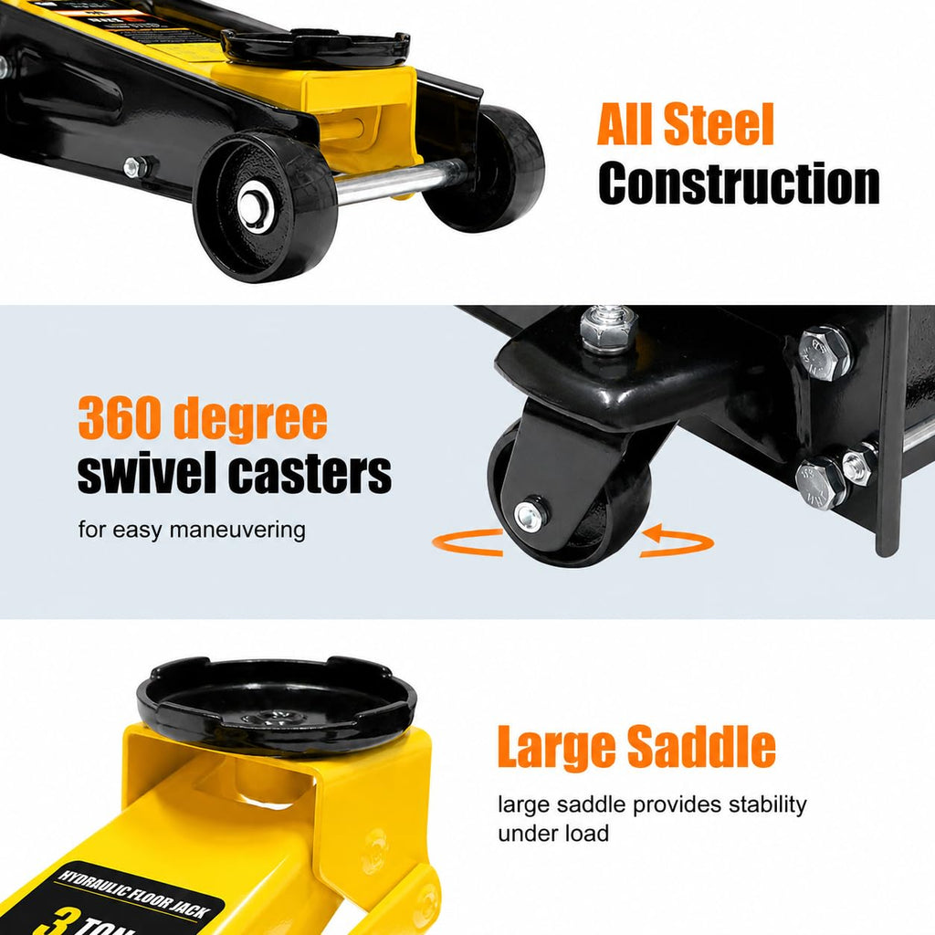 3 Ton Low Profile Steel Racing Floor Jack with Dual Pistons Quick Lift Pump I1335
