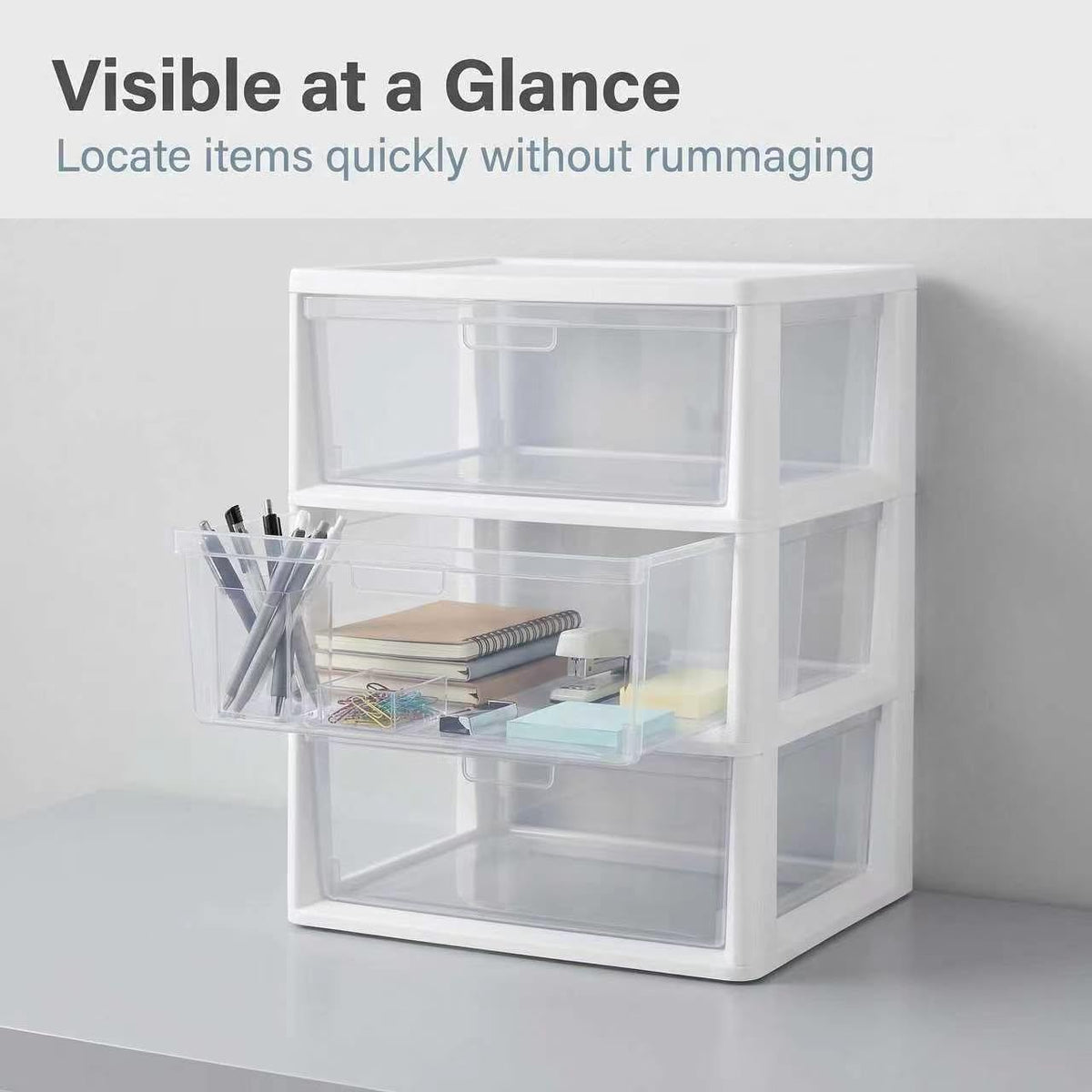 White 3 Drawer Plastic Storage Tower with Clear Bins M678