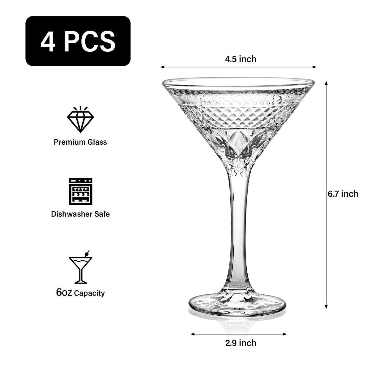 Martini Glasses Set of 4, 6oz Crystal Cocktail Glasses B203