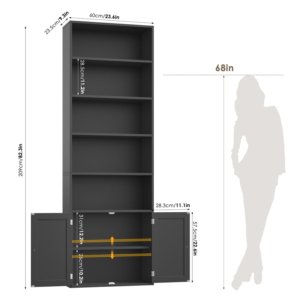 82" Tall Black Bookcase with Doors D3011
