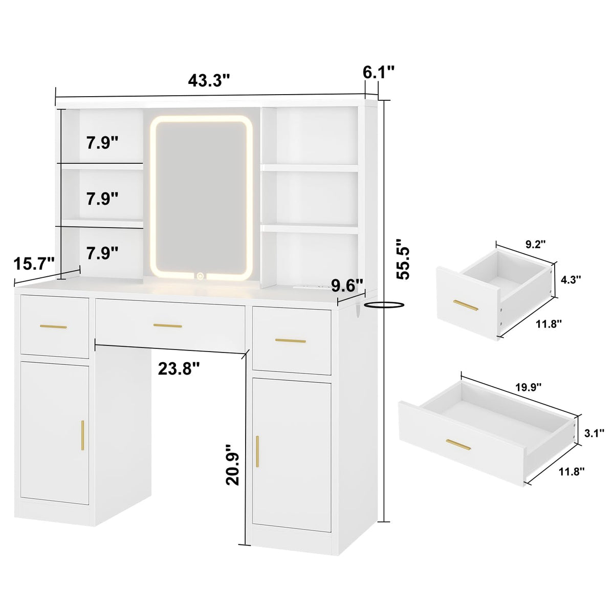 White Vanity Desk with Sliding Mirror and LED Lights N355579