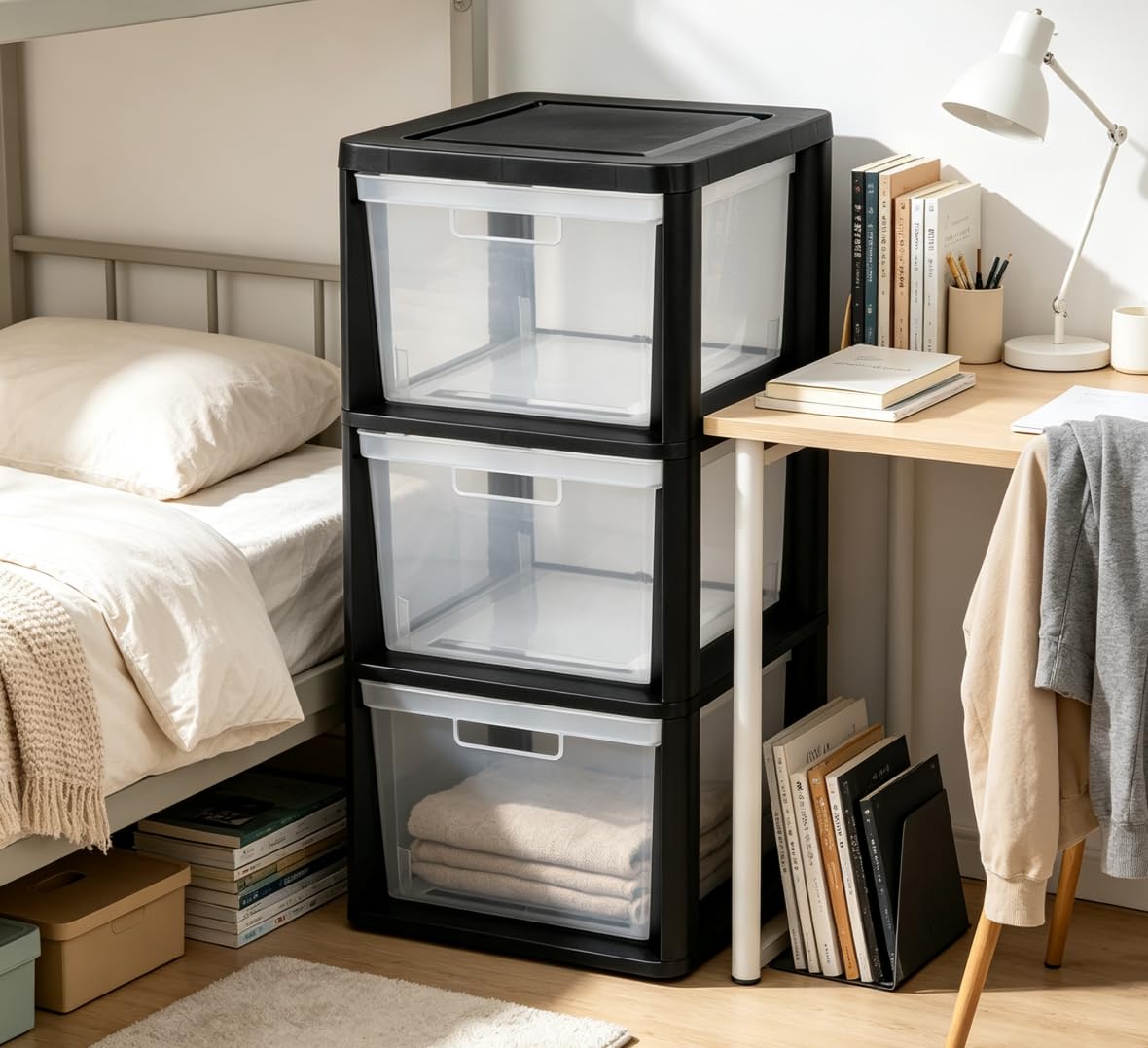Black 3 Drawer Plastic Storage Tower with Clear Bins L28150