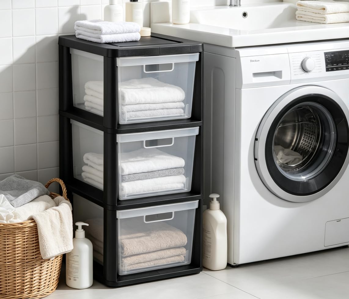 Black 3 Drawer Plastic Storage Tower with Clear Bins L28150