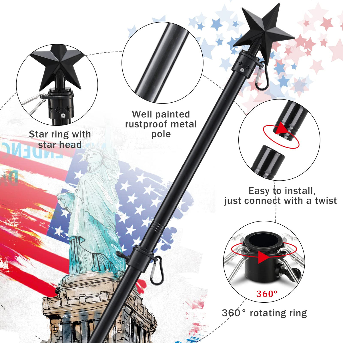 6ft Tangle Free Flag Pole Kit with Bracket, Black Metal Flagpole R717