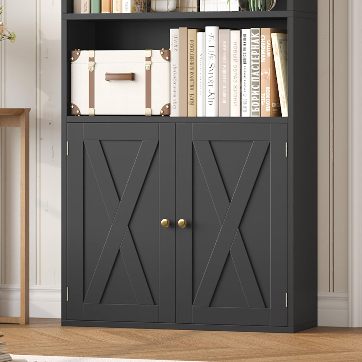82" Tall Black Bookcase with Doors D3011