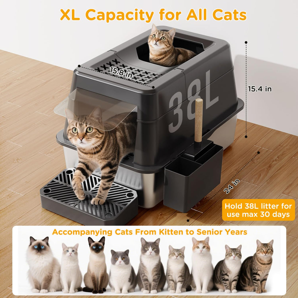 XL Black Stainless Steel Litter Box with Lid F8963