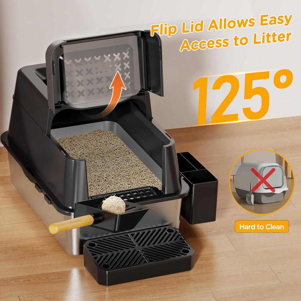XL Black Stainless Steel Litter Box with Lid F8963