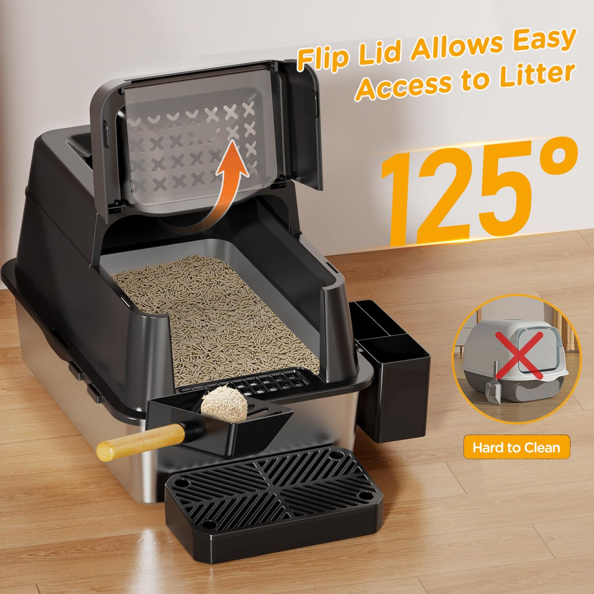XL Black Stainless Steel Litter Box with Lid F8963