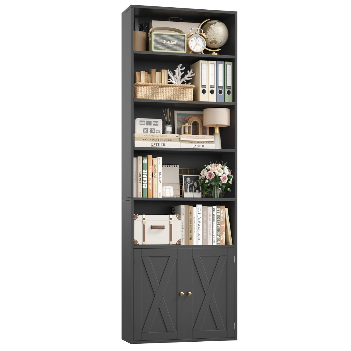 82" Tall Black Bookcase with Doors D3011