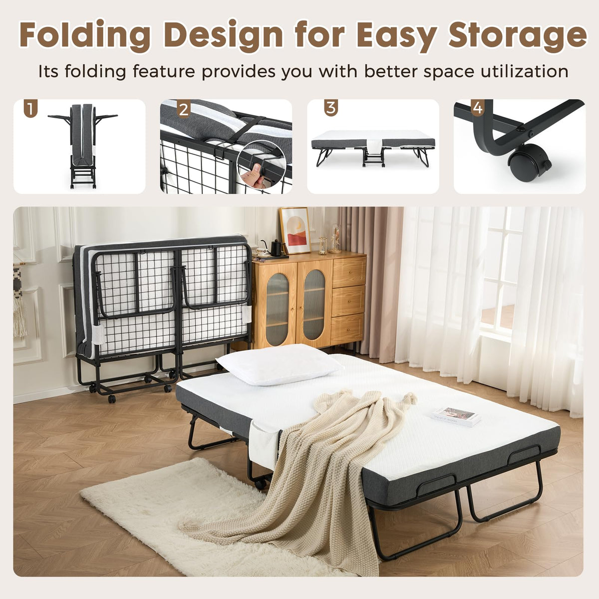 Folding Rollaway Guest Bed with 8 Casters and 6" Memory Foam Mattress H2501