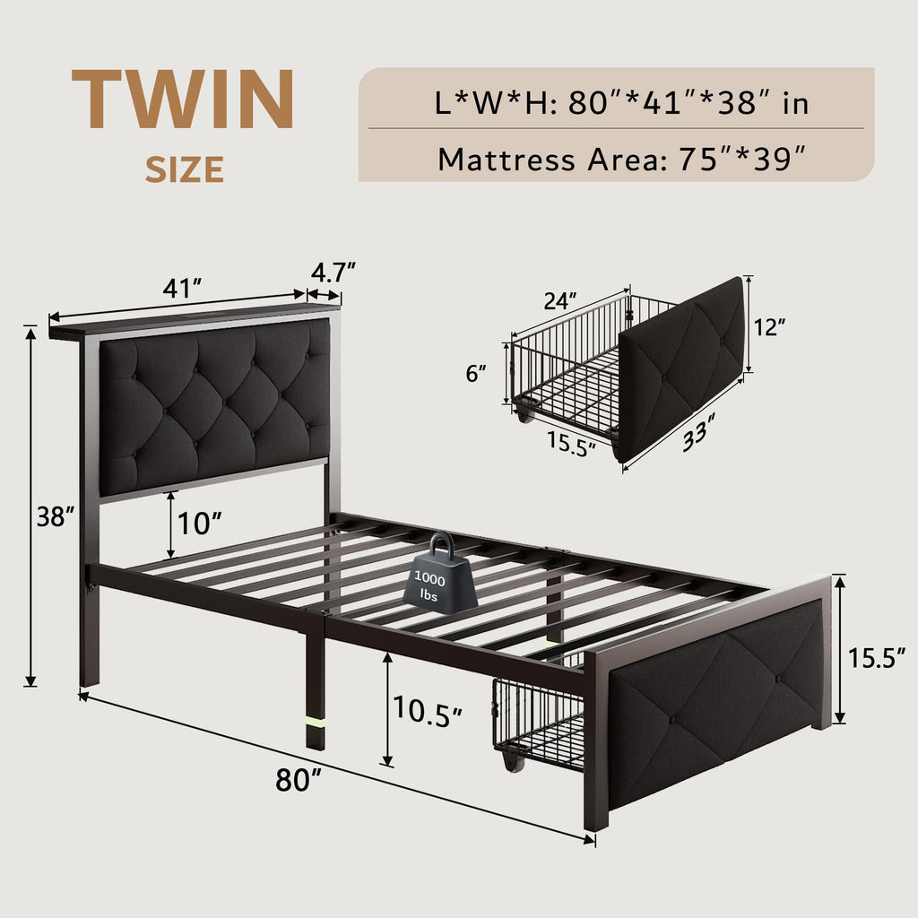 Black Twin Bed Frame with Storage Drawers F543