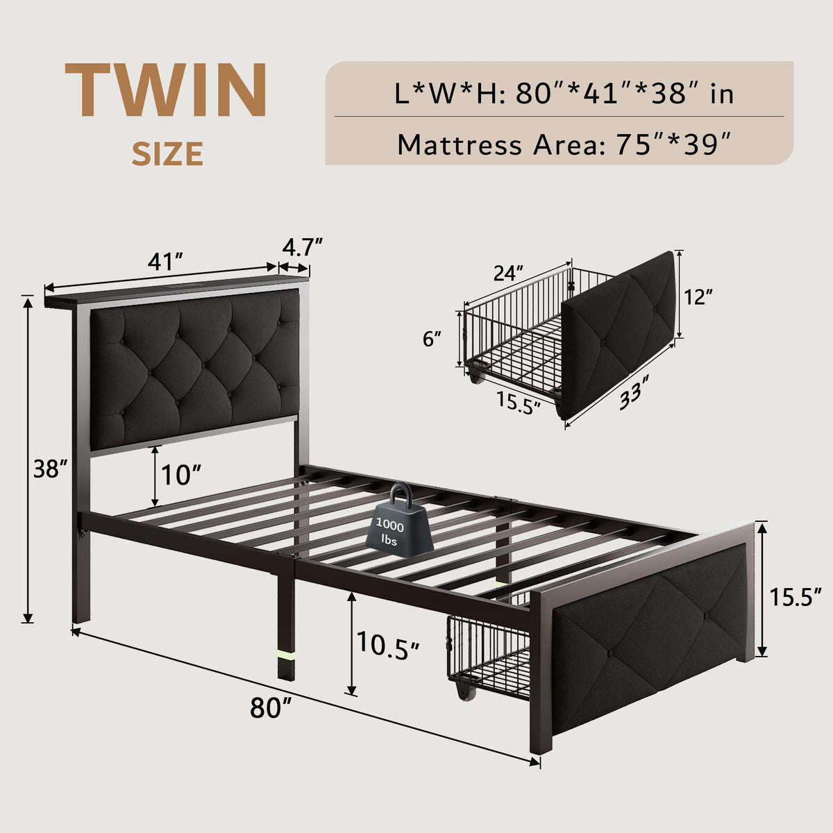 Black Twin Bed Frame with Storage Drawers F543