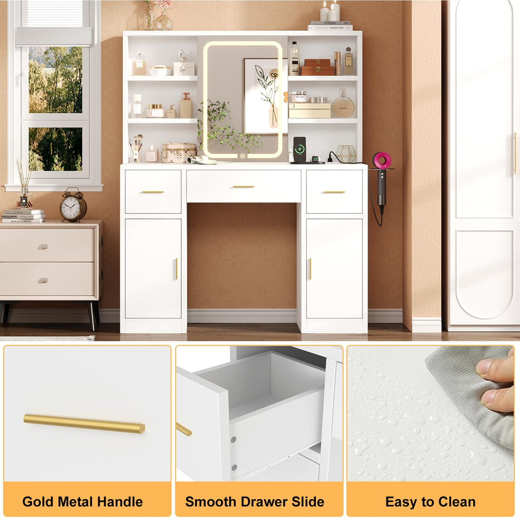 White Vanity Desk with Sliding Mirror and LED Lights N355579