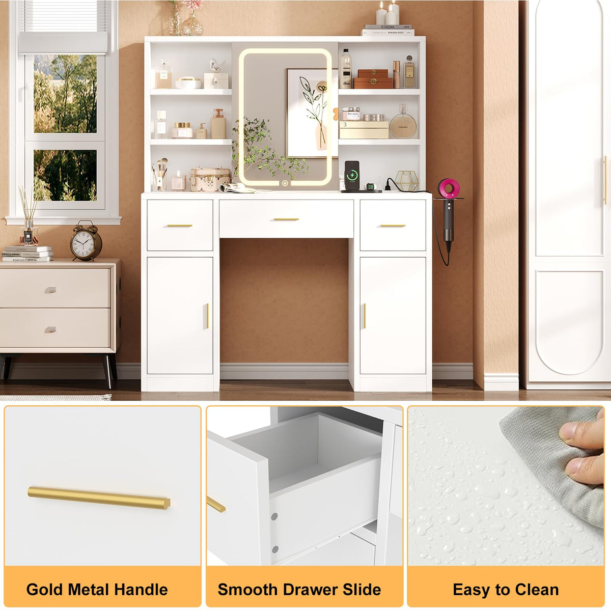 White Vanity Desk with Sliding Mirror and LED Lights N355579