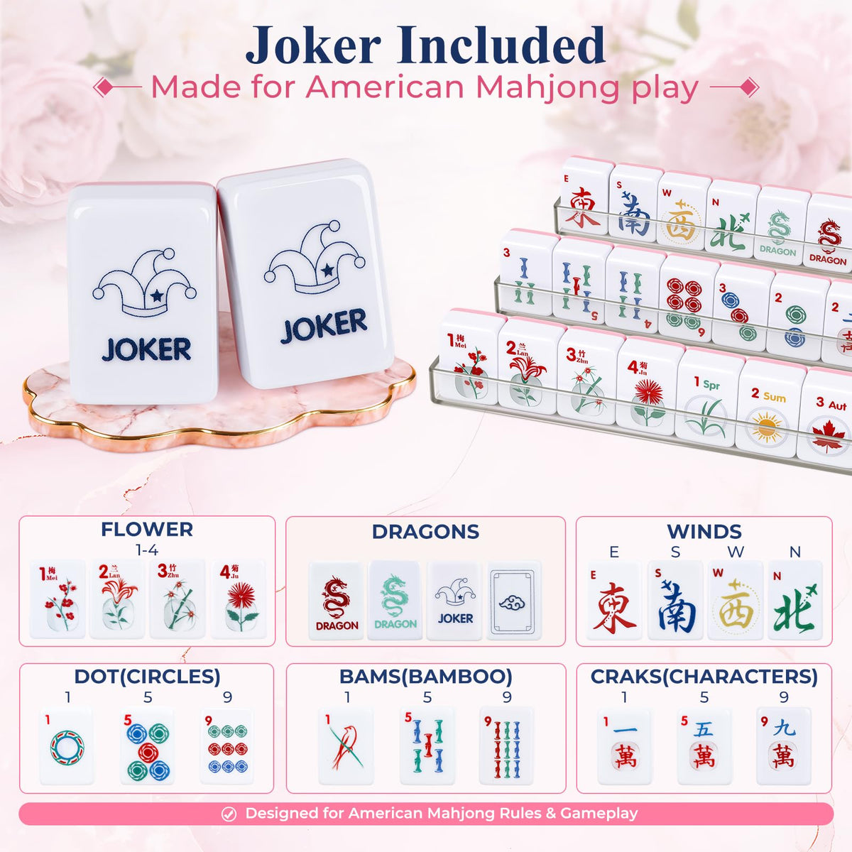American Mahjong Set 166 Mini 0.8-Inch Tiles 4 Racks Pink F799
