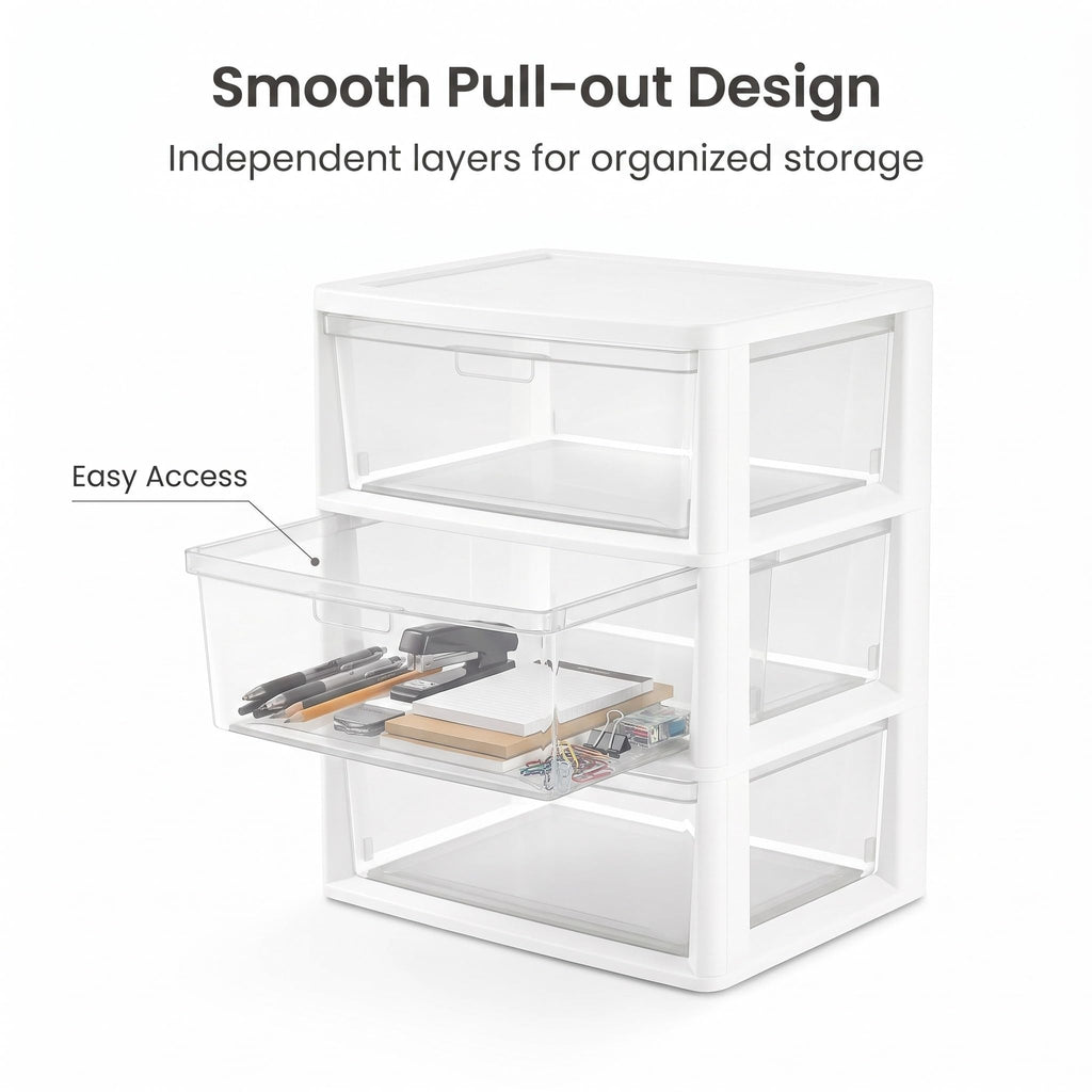 White 3 Drawer Plastic Storage Tower with Clear Bins M678