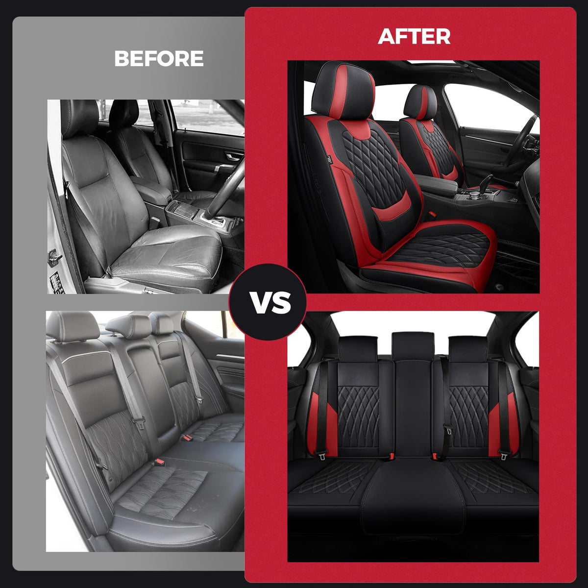 Car Seat Covers Full Set Faux Leather Black Red D117