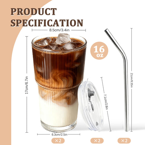 2 Packs Ribbed Glass Tumbler with Lid and Straw 16 oz U686