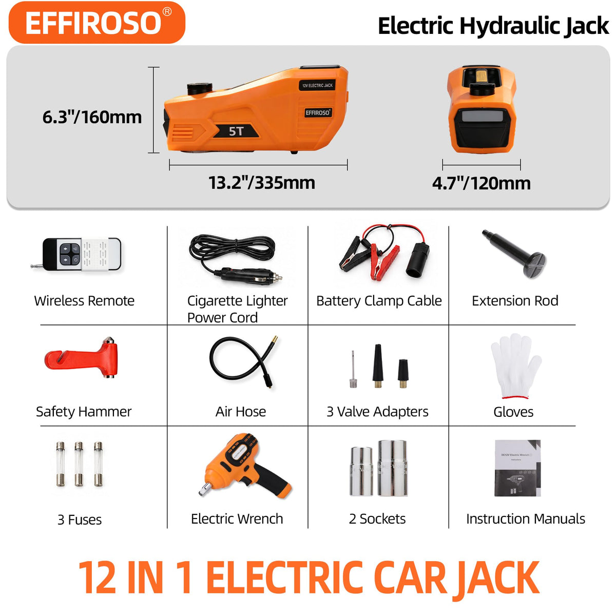 5 Ton 12V Electric Car Jack Kit with Impact Wrench and Tire Inflator Pump E7221
