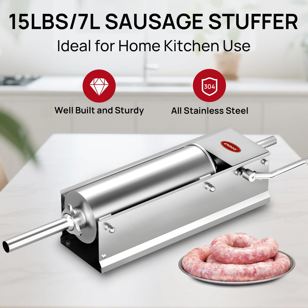Manual Stainless Steel Sausage Stuffer with 4 Stuffing Tubes R36222