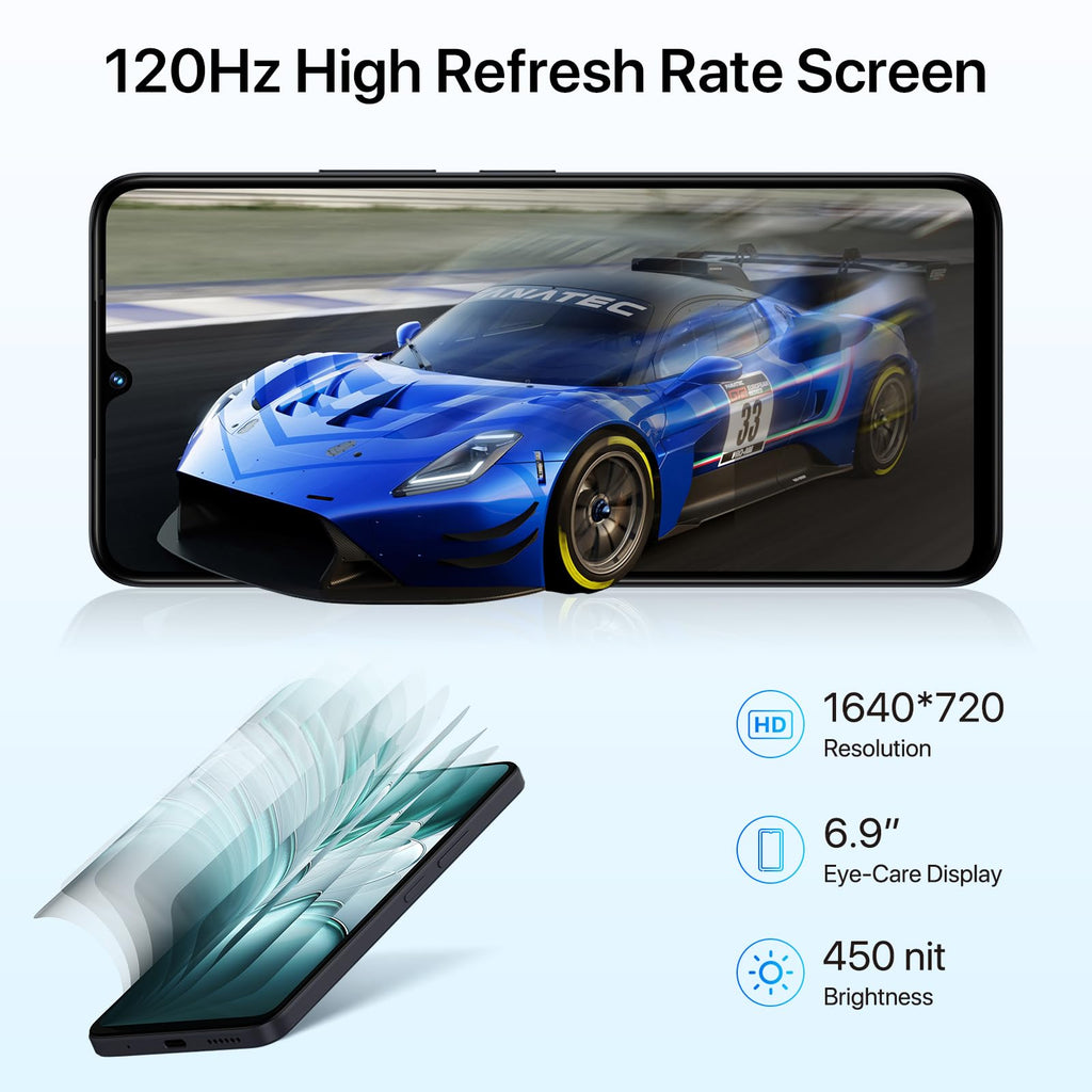 Unlocked Cell Phone Android 14, 6.9" HD+ 120Hz, 12GB +128GB, 6000mAh, 50MP Triple Camera, Dual 4G LTE, NFC, Black C2716