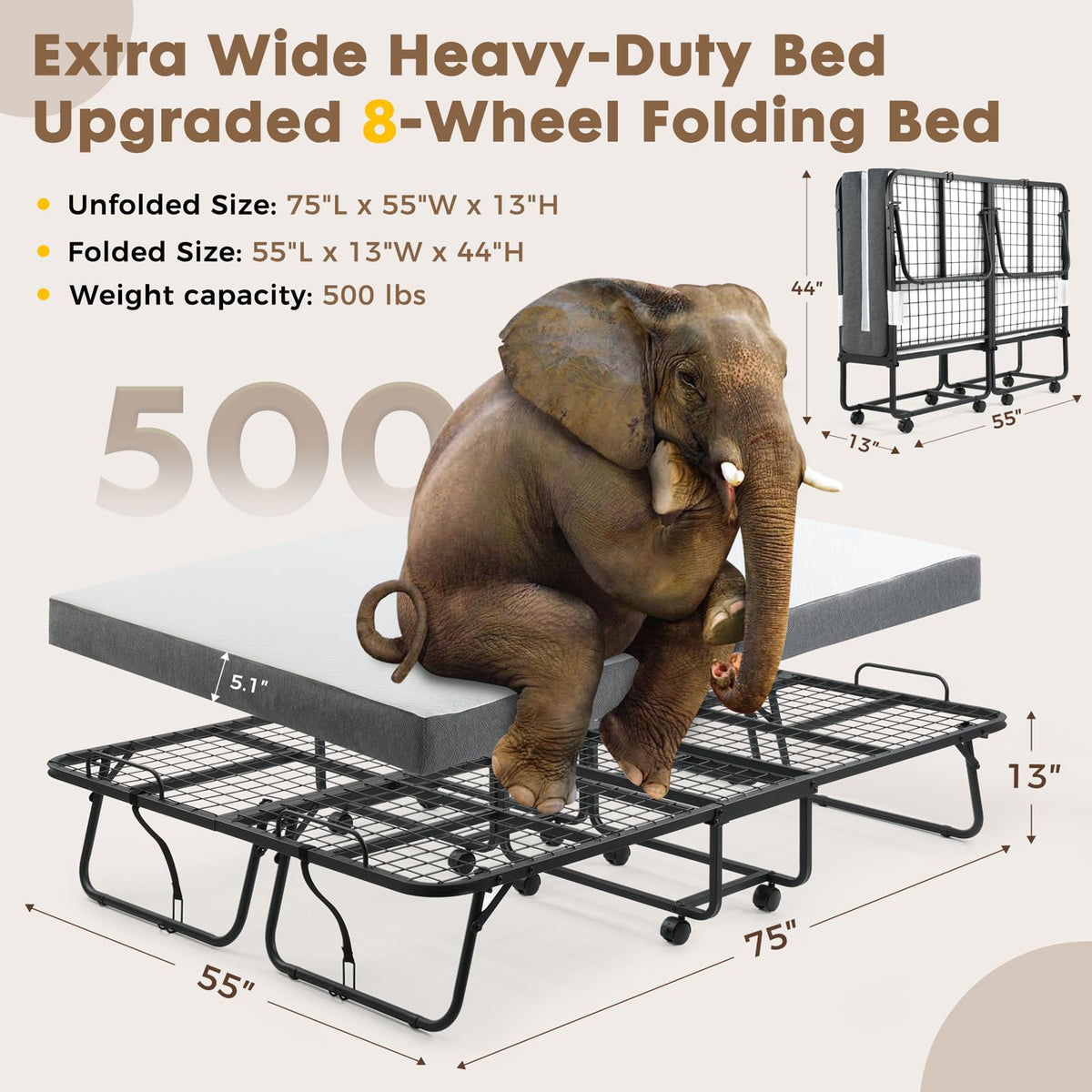 Folding Rollaway Guest Bed with 8 Casters and 6" Memory Foam Mattress H2501
