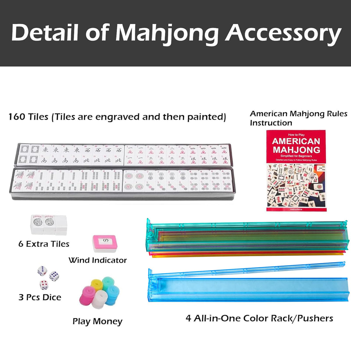 American Mahjong Game Set, 166 White Tiles, 4 Color Rack/Pushers, Blue Carrying Bag P300
