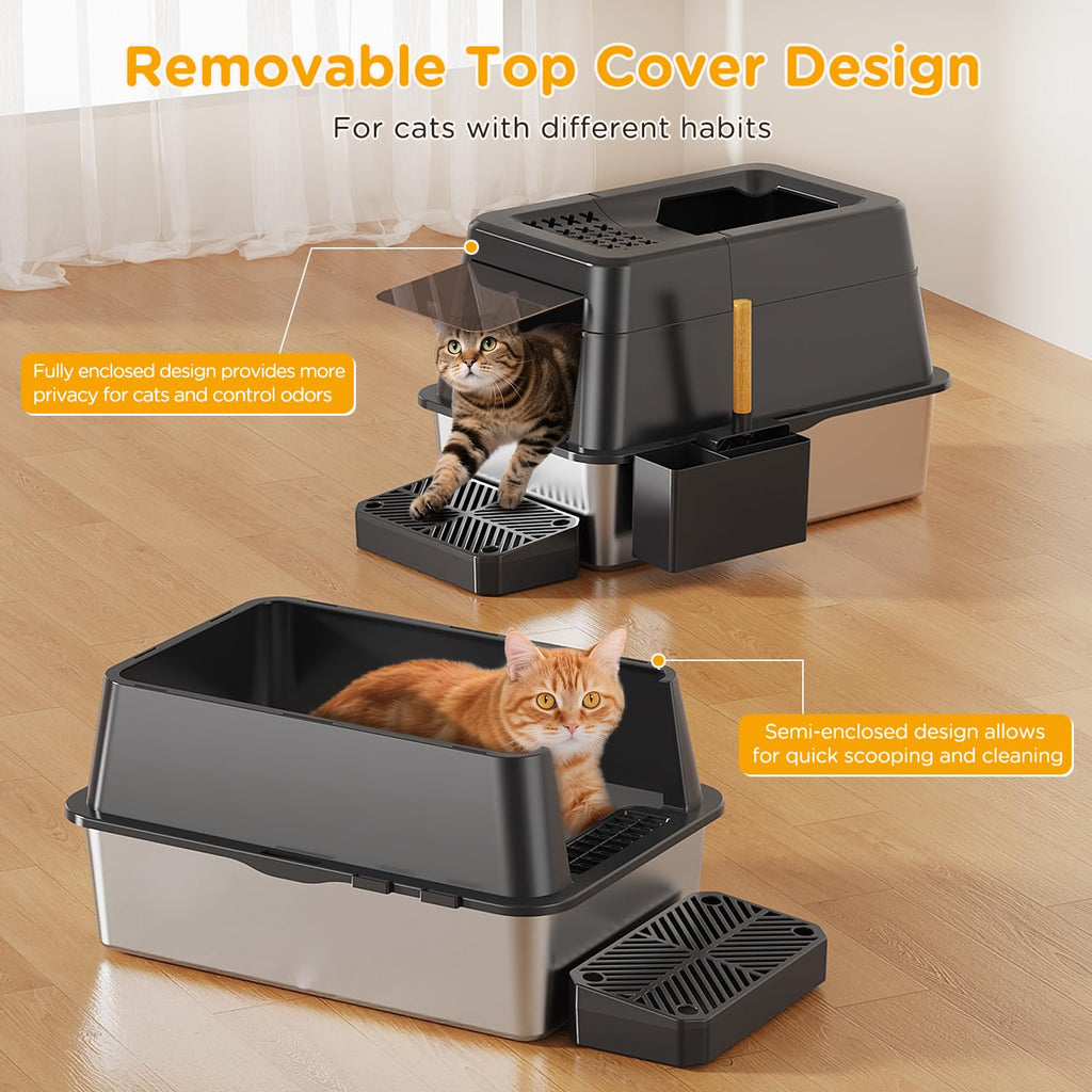 XL Black Stainless Steel Litter Box with Lid F8963
