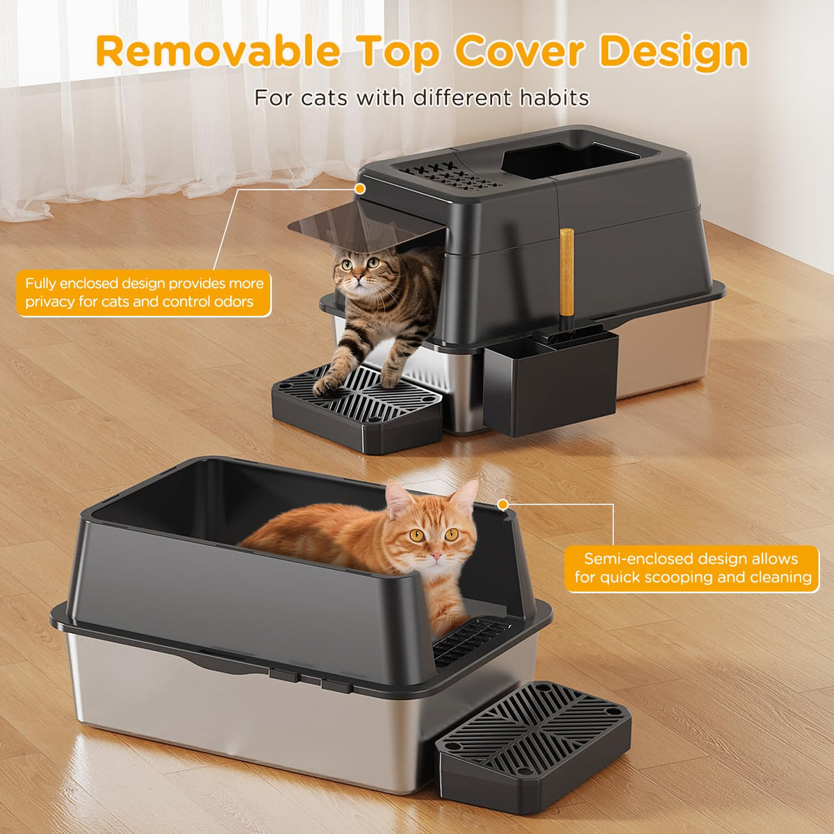 XL Black Stainless Steel Litter Box with Lid F8963