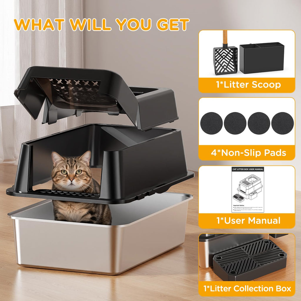 XL Black Stainless Steel Litter Box with Lid F8963