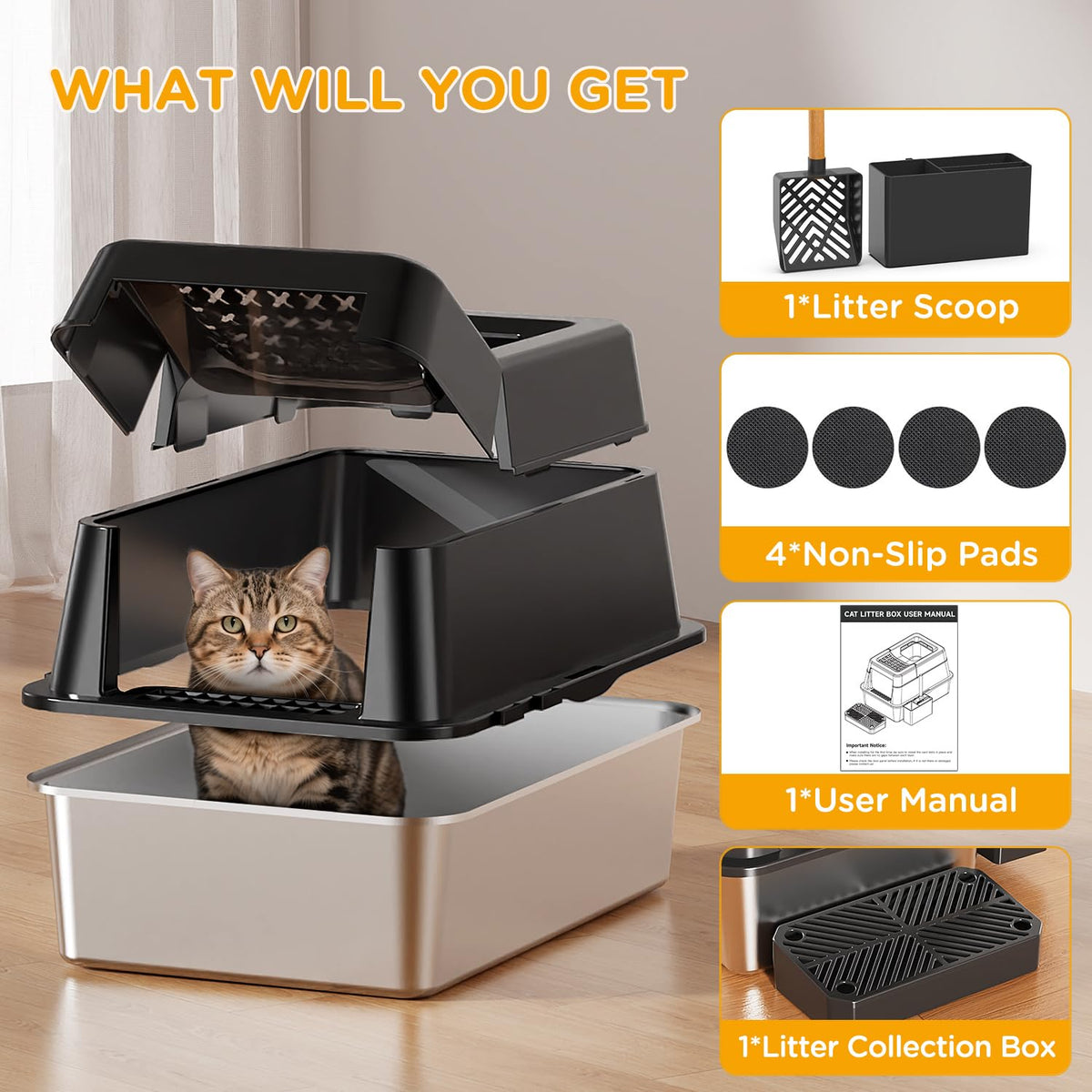 XL Black Stainless Steel Litter Box with Lid F8963