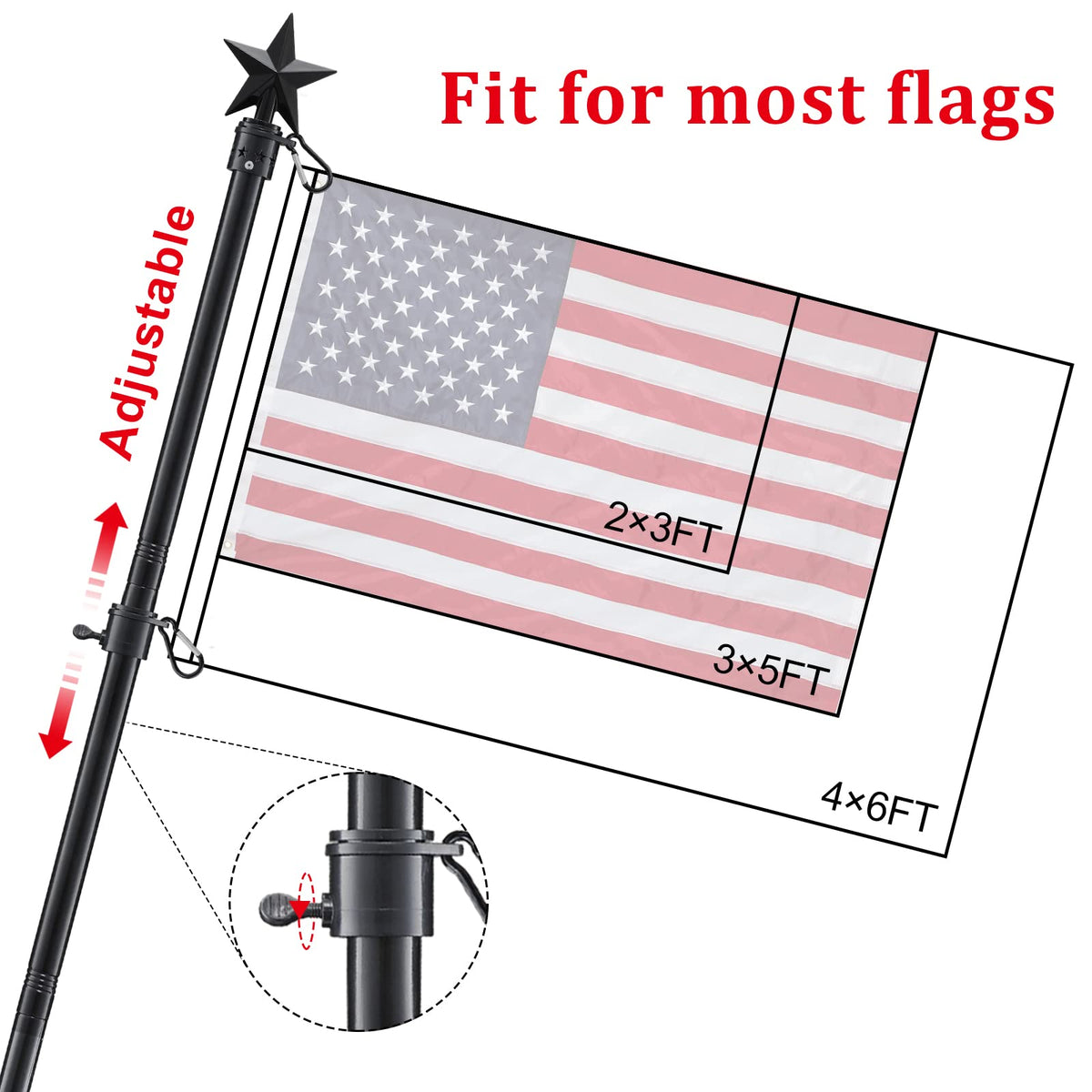 6ft Tangle Free Flag Pole Kit with Bracket, Black Metal Flagpole R717