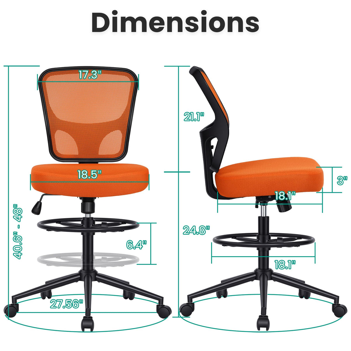Armless Adjustable Height Mesh Drafting Chair with Foot Ring & Wheels M52067