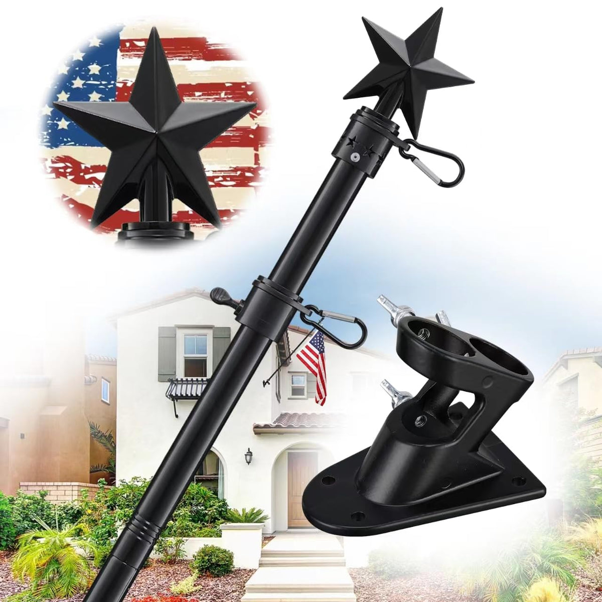 6ft Tangle Free Flag Pole Kit with Bracket, Black Metal Flagpole R717