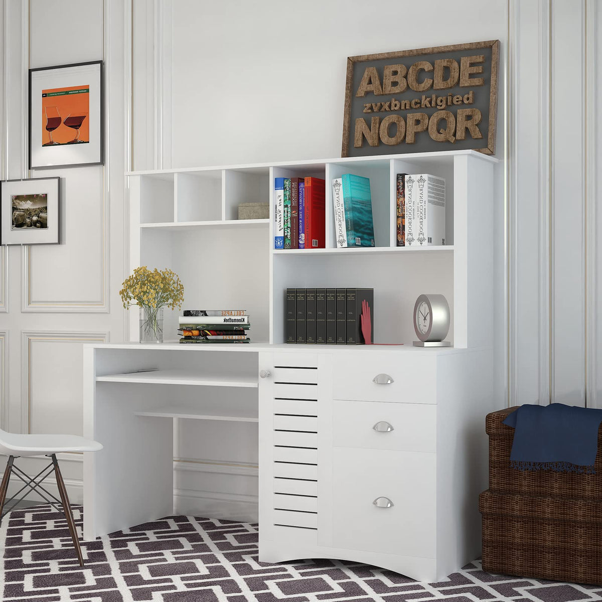 White Computer Desk with Hutch L25165