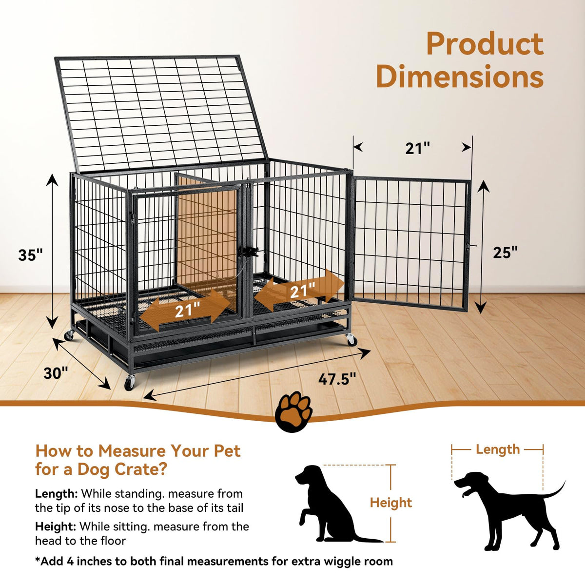 48 inch Large Wire Dog Crate with Lockable Wheels M7654