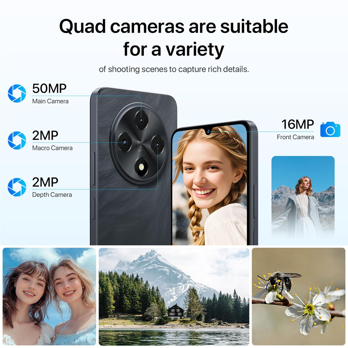 Unlocked Cell Phone Android 14, 6.9" HD+ 120Hz, 12GB +128GB, 6000mAh, 50MP Triple Camera, Dual 4G LTE, NFC, Black C2716