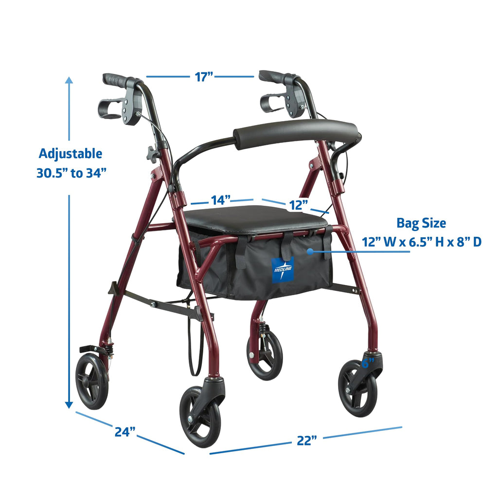 Steel Rollator Walker with Seat, Burgundy, 350 lb. Weight Capacity W4454