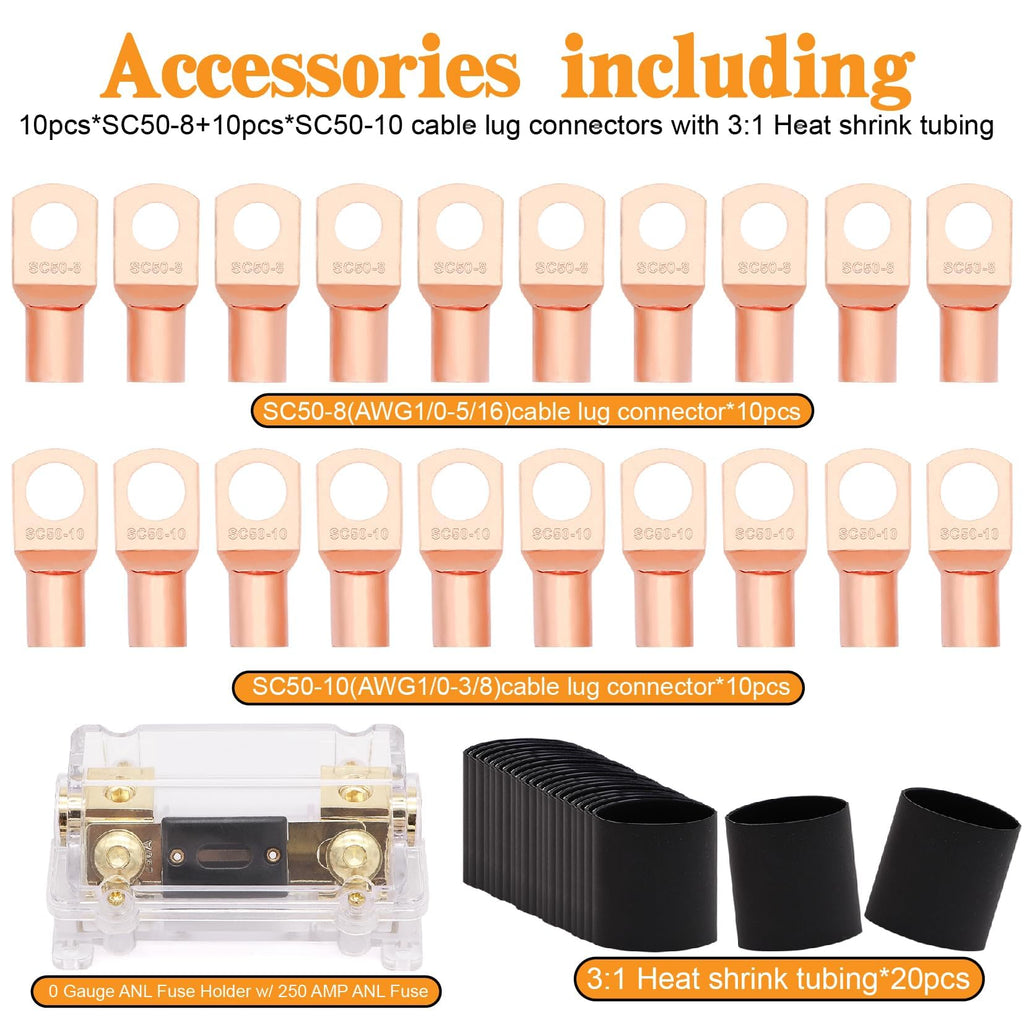 0 Gauge Battery Cable with 250A Fuse Holder & Terminals Kit A355621
