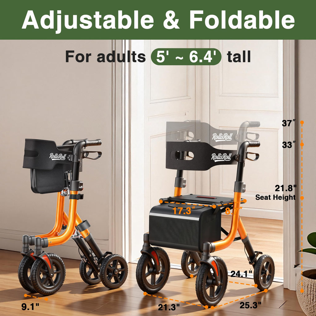 Orange Foldable All Terrain Rollator Walker with Seat T55997