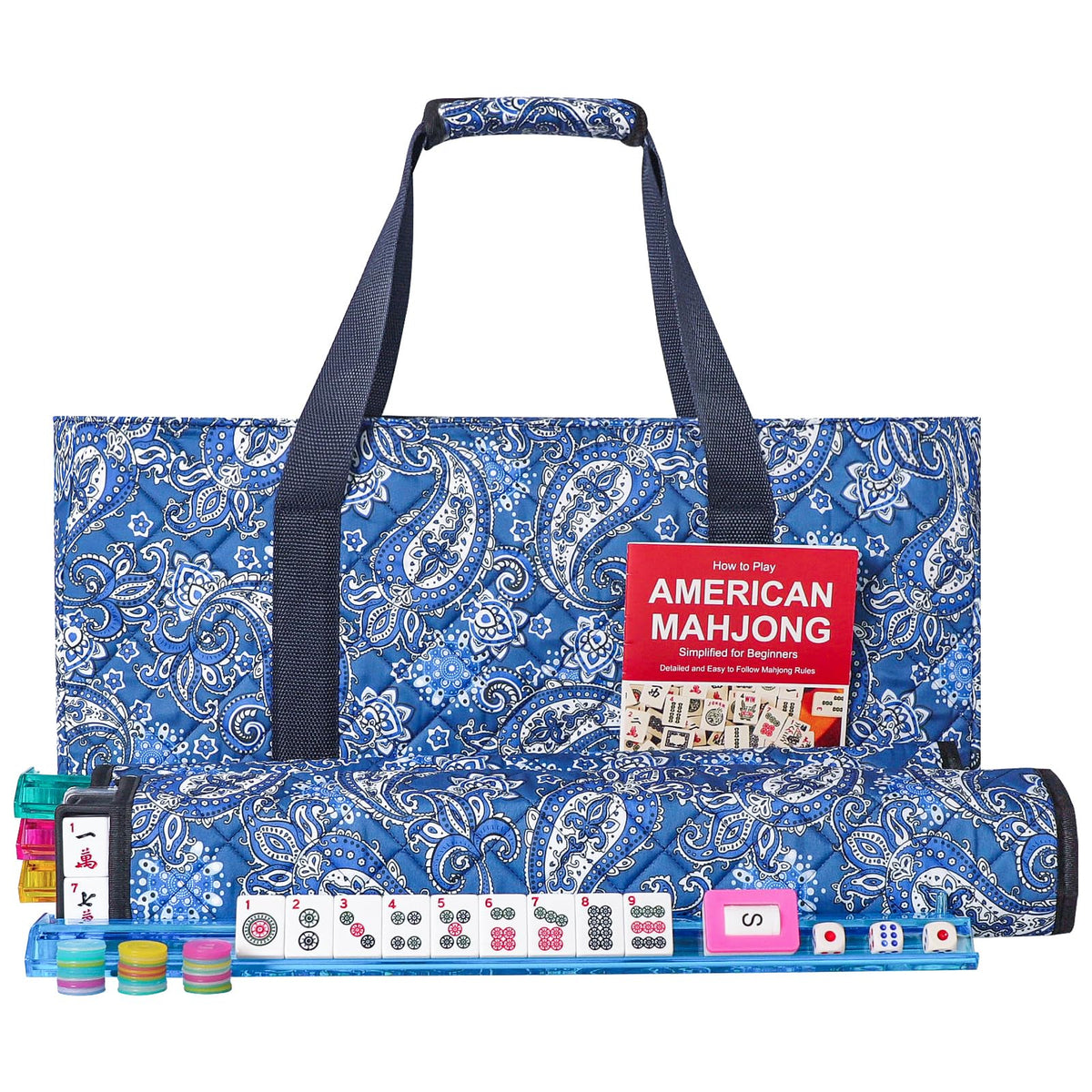 American Mahjong Game Set, 166 White Tiles, 4 Color Rack/Pushers, Blue Carrying Bag P300