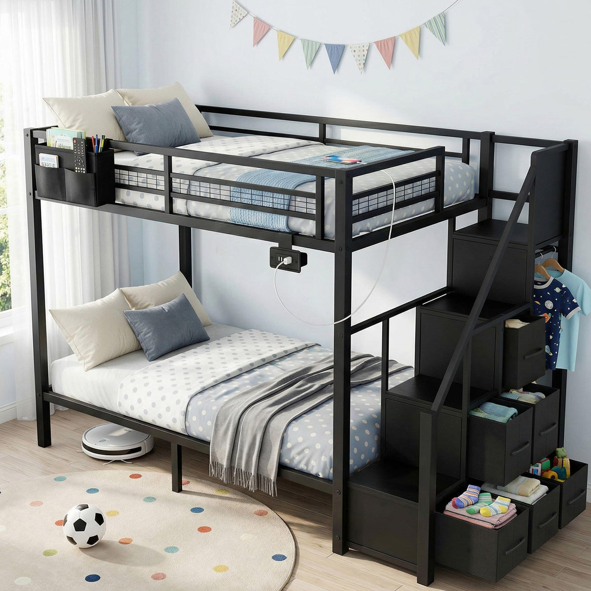 Black Metal Twin Over Twin Bunk Bed with Storage Stairs P50729