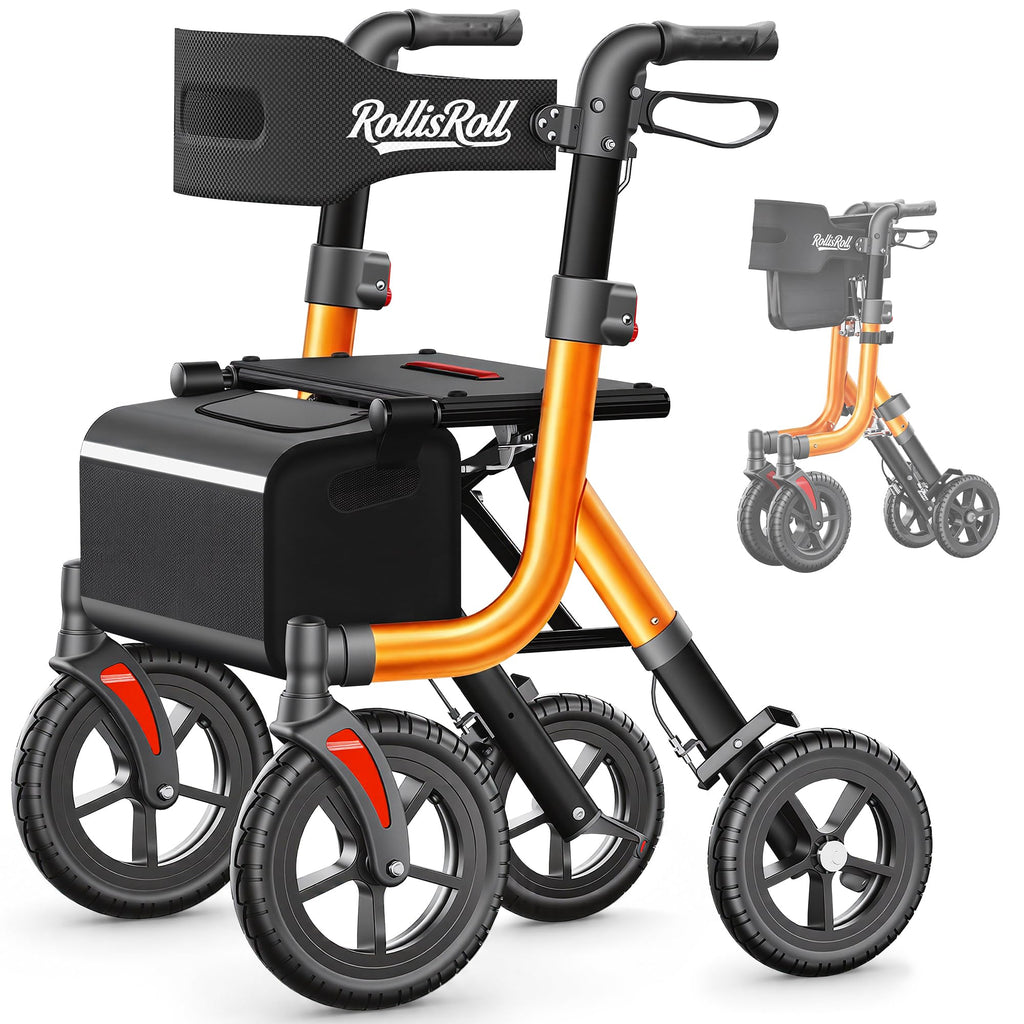 Orange Foldable All Terrain Rollator Walker with Seat T55997