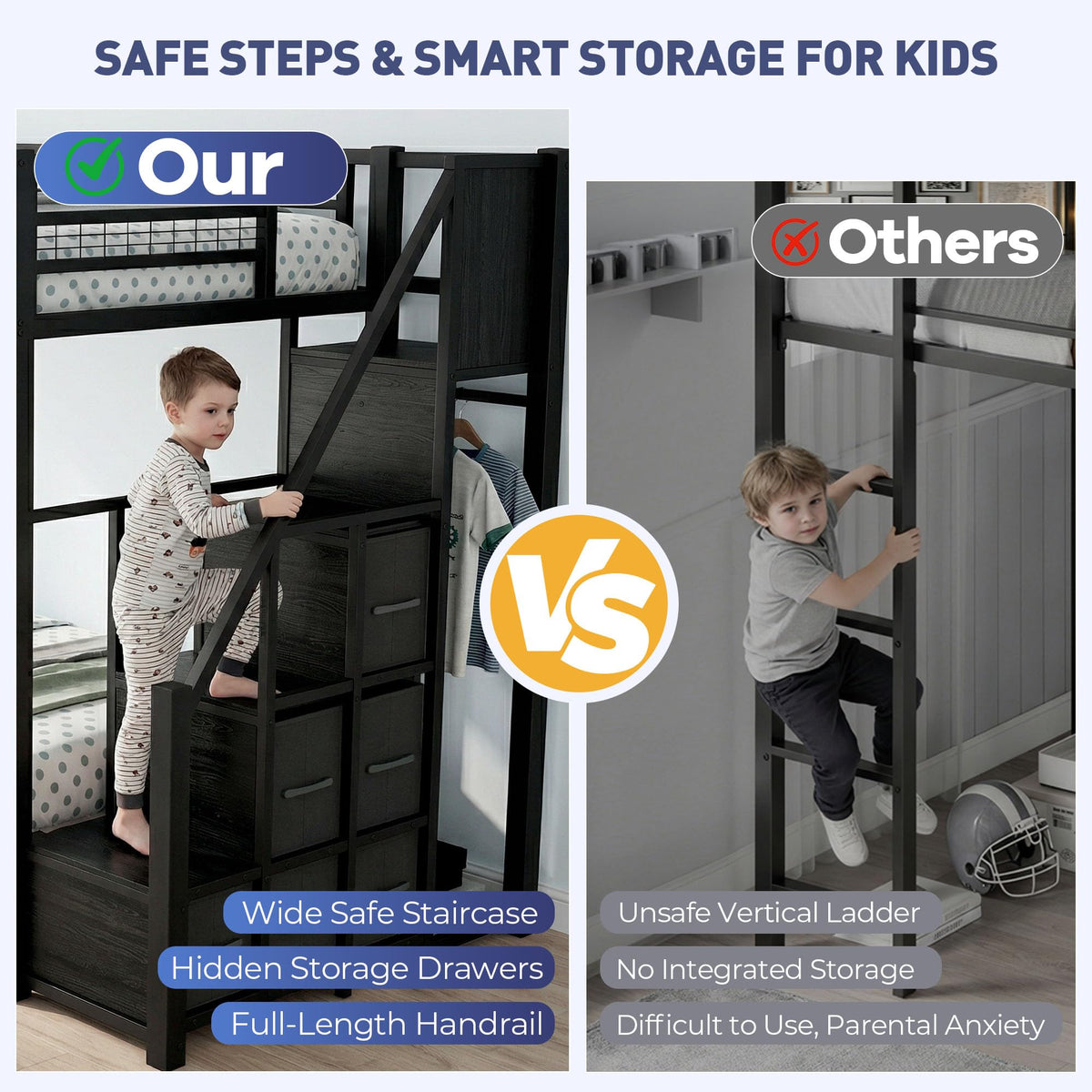 Black Metal Twin Over Twin Bunk Bed with Storage Stairs P50729