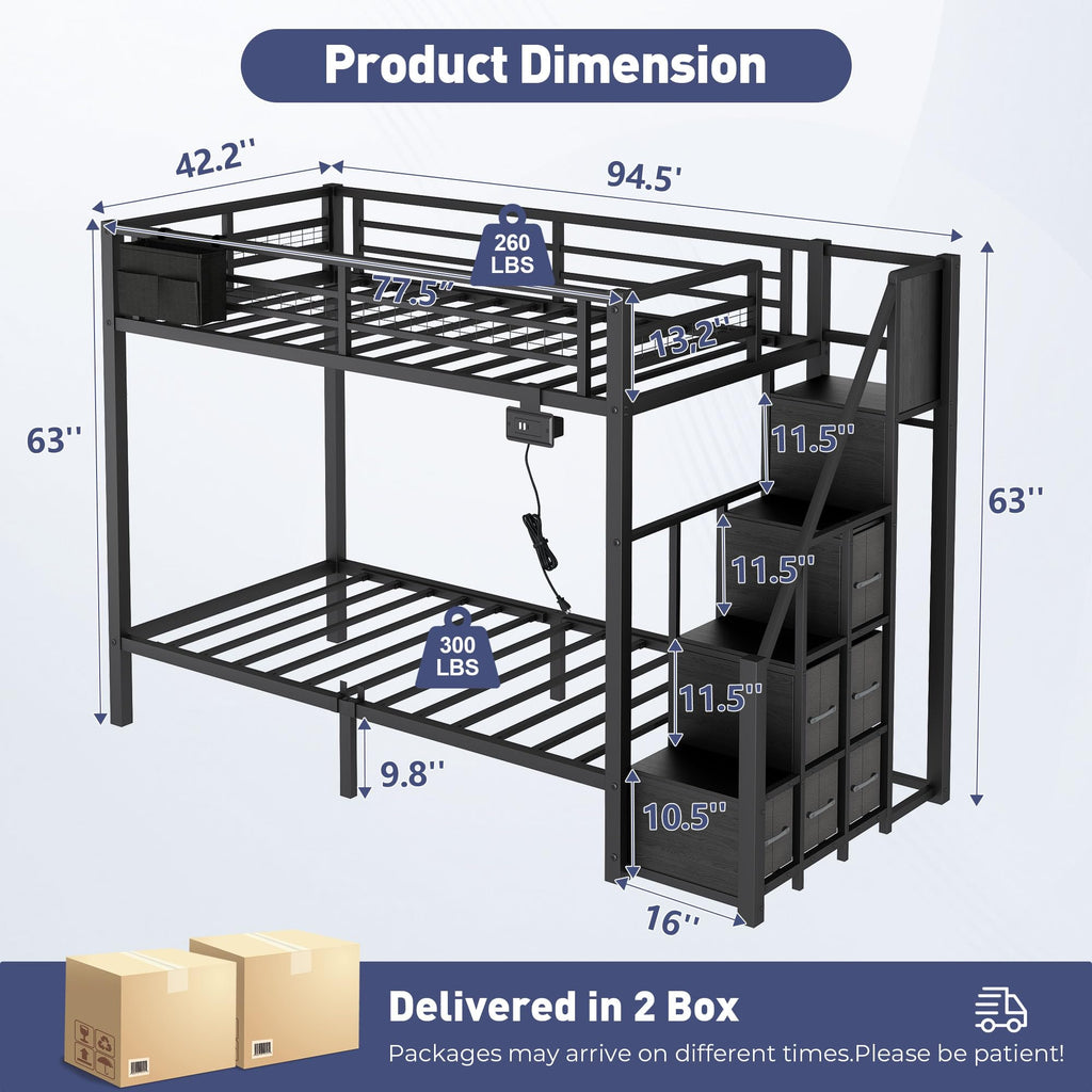 Black Metal Twin Over Twin Bunk Bed with Storage Stairs P50729