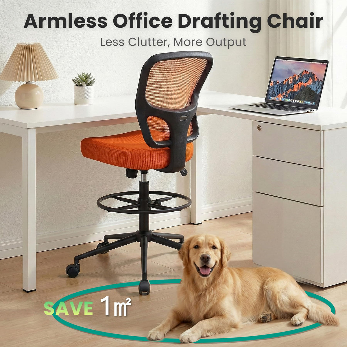 Armless Adjustable Height Mesh Drafting Chair with Foot Ring & Wheels M52067