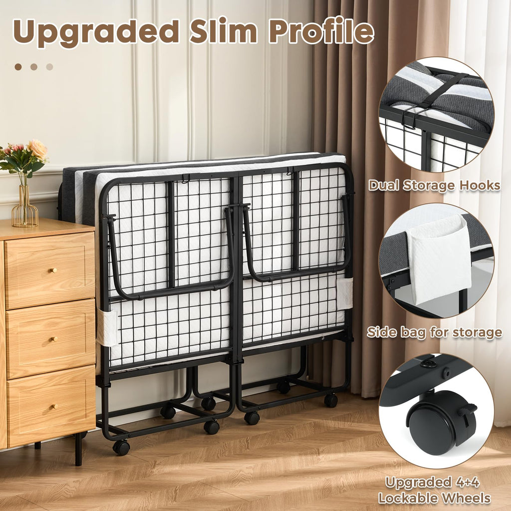 Folding Rollaway Guest Bed with 8 Casters and 6" Memory Foam Mattress H2501